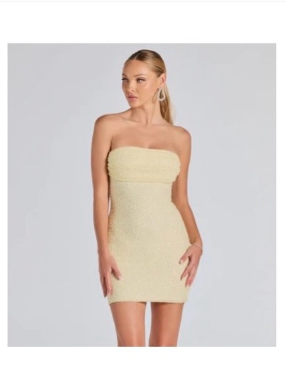 Windsor Pale Yellow Strapless Glitter Slip Mini Dress